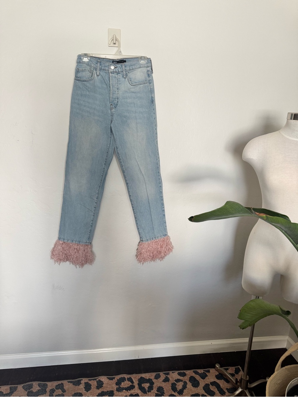 ASOS Light Blue Jeans with Pink Feather Cuffs